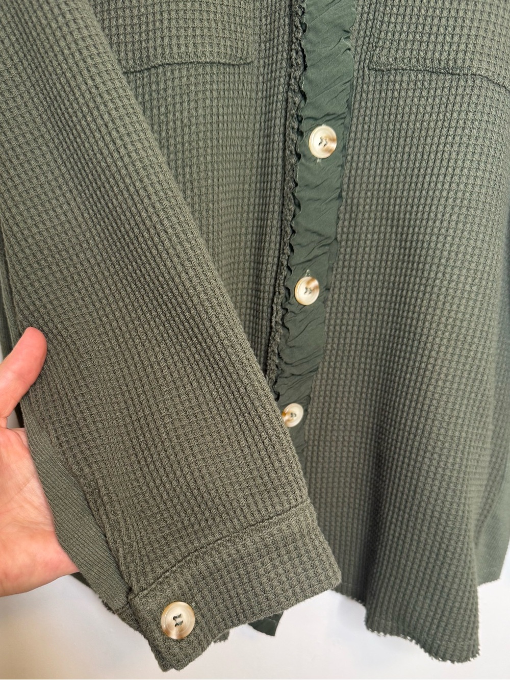 Olive Waffle Knit Button Front Shacket | Size Medium - Picture 3 of 5